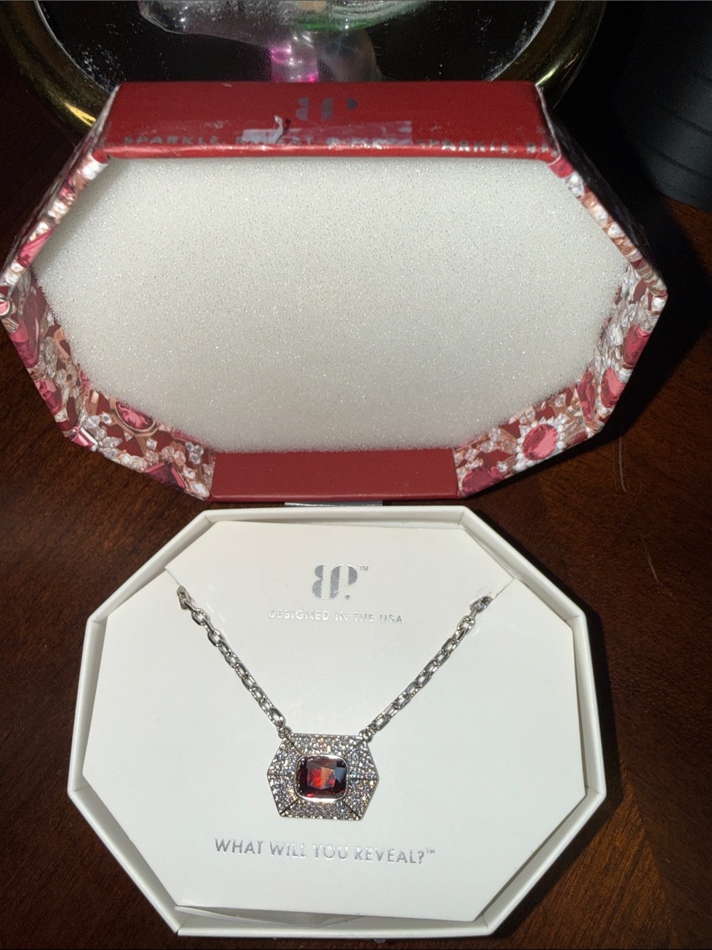Red Square Gem Pendant Necklace with Silver Accents